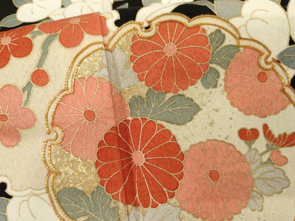 平和屋着物●訪問着　雪輪枝花文　黒地　金彩　やまと誂製　正絹　逸品　AABI2549cs