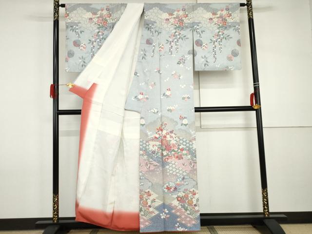 平和屋着物●訪問着　鴛鴦吉祥花蝶文　金銀彩　正絹　逸品　AABI2550cs