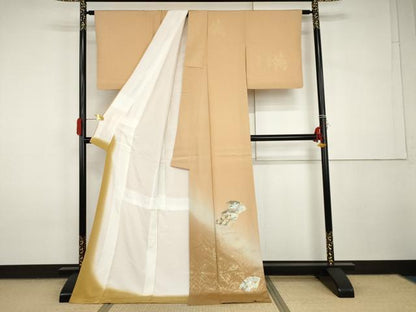 平和屋着物●訪問着　扇面枝葉文　暈し染め　金銀彩　ロング丈　正絹　逸品　AABI2557cs
