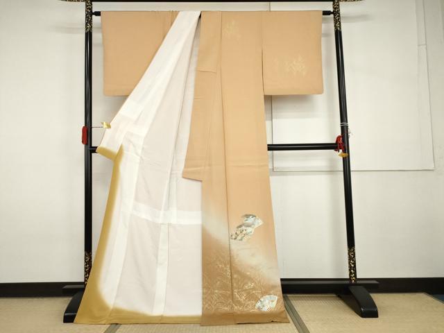 平和屋着物●訪問着　扇面枝葉文　暈し染め　金銀彩　ロング丈　正絹　逸品　AABI2557cs