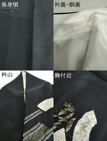 平和屋着物●訪問着　絞り　刺繍　地紙枝花文　黒地　金糸　金彩　正絹　逸品　AABI2563cs