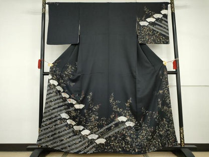 平和屋着物●訪問着　絞り　刺繍　地紙枝花文　黒地　金糸　金彩　正絹　逸品　AABI2563cs