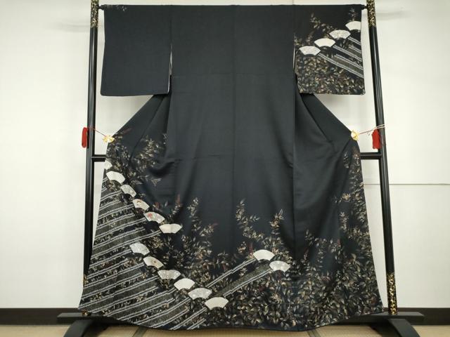 平和屋着物●訪問着　絞り　刺繍　地紙枝花文　黒地　金糸　金彩　正絹　逸品　AABI2563cs
