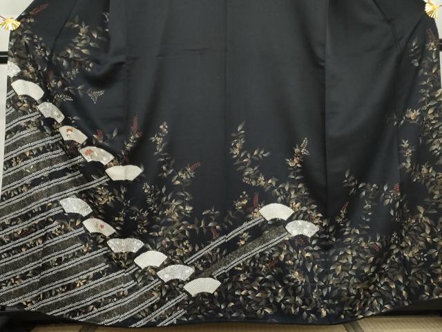 平和屋着物●訪問着　絞り　刺繍　地紙枝花文　黒地　金糸　金彩　正絹　逸品　AABI2563cs