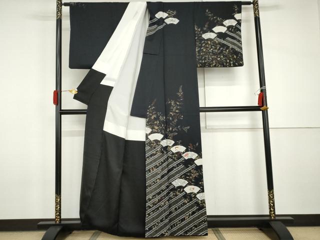 平和屋着物●訪問着　絞り　刺繍　地紙枝花文　黒地　金糸　金彩　正絹　逸品　AABI2563cs