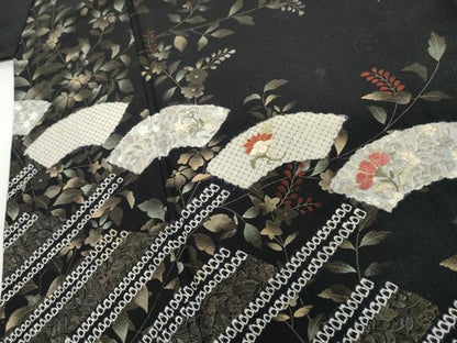 平和屋着物●訪問着　絞り　刺繍　地紙枝花文　黒地　金糸　金彩　正絹　逸品　AABI2563cs