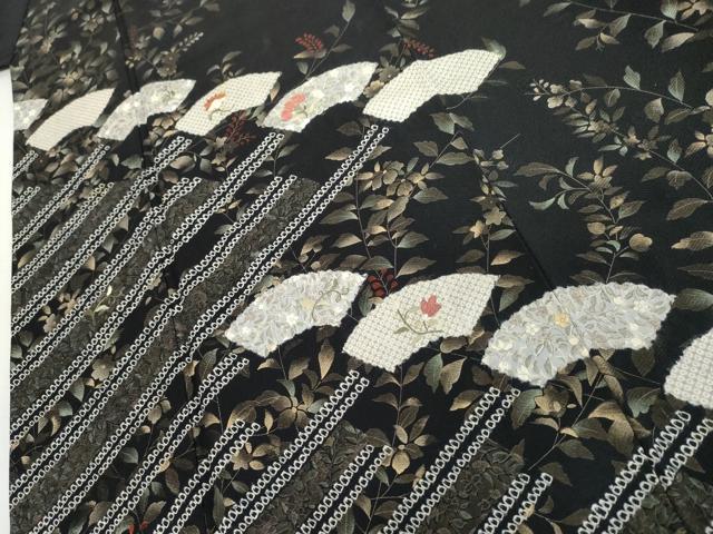 平和屋着物●訪問着　絞り　刺繍　地紙枝花文　黒地　金糸　金彩　正絹　逸品　AABI2563cs