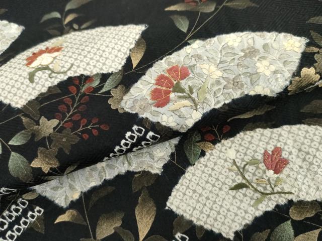 平和屋着物●訪問着　絞り　刺繍　地紙枝花文　黒地　金糸　金彩　正絹　逸品　AABI2563cs