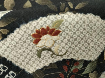 平和屋着物●訪問着　絞り　刺繍　地紙枝花文　黒地　金糸　金彩　正絹　逸品　AABI2563cs