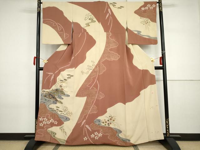 平和屋着物●十日町　名門　滝泰謹製　訪問着　絞り　片輪車流水松文　金彩　正絹　逸品　AABI2568cs