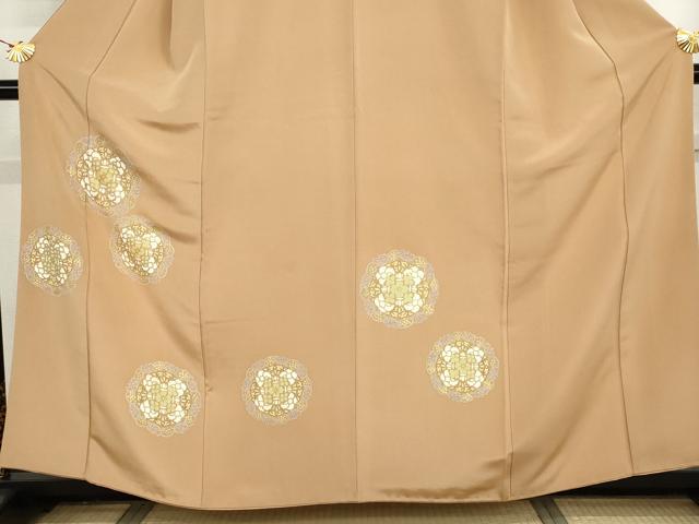 平和屋着物●訪問着　友禅　駒刺繍　正倉院花文　ときがら茶色地　金彩　正絹　逸品　AABI2569cs