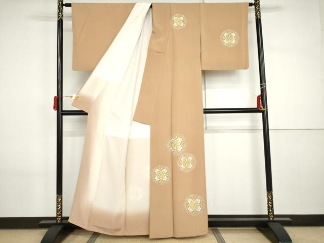 平和屋着物●訪問着　友禅　駒刺繍　正倉院花文　ときがら茶色地　金彩　正絹　逸品　AABI2569cs