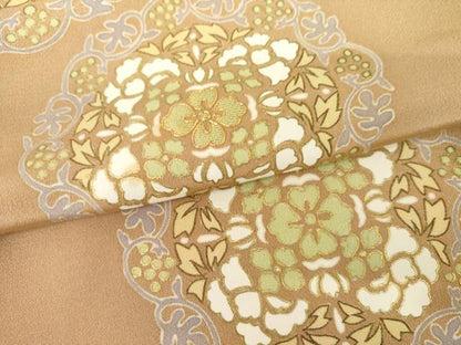 平和屋着物●訪問着　友禅　駒刺繍　正倉院花文　ときがら茶色地　金彩　正絹　逸品　AABI2569cs