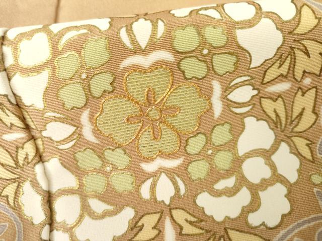 平和屋着物●訪問着　友禅　駒刺繍　正倉院花文　ときがら茶色地　金彩　正絹　逸品　AABI2569cs