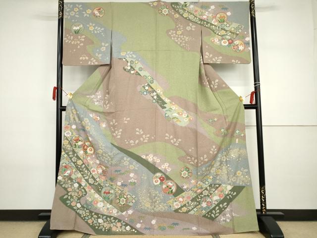 平和屋着物●訪問着　作家物　泰常　辻が花　駒刺繍　吉祥花丸文　金彩　正絹　逸品　AABI2571cs