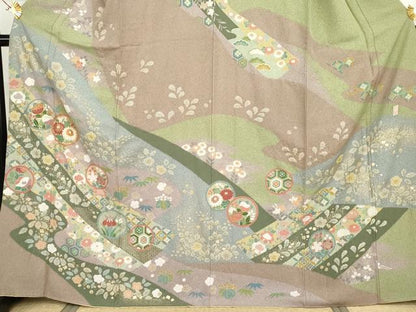 平和屋着物●訪問着　作家物　泰常　辻が花　駒刺繍　吉祥花丸文　金彩　正絹　逸品　AABI2571cs