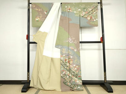 平和屋着物●訪問着　作家物　泰常　辻が花　駒刺繍　吉祥花丸文　金彩　正絹　逸品　AABI2571cs