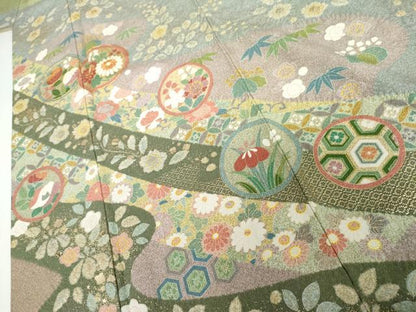 平和屋着物●訪問着　作家物　泰常　辻が花　駒刺繍　吉祥花丸文　金彩　正絹　逸品　AABI2571cs