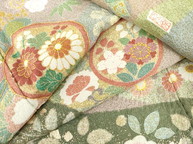 平和屋着物●訪問着　作家物　泰常　辻が花　駒刺繍　吉祥花丸文　金彩　正絹　逸品　AABI2571cs