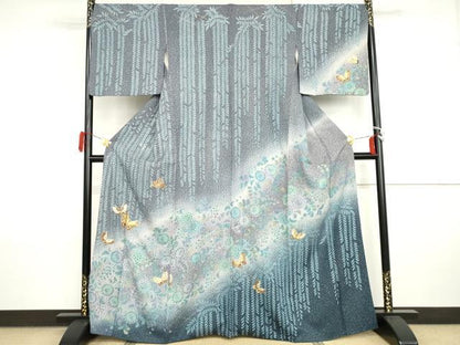 平和屋着物●訪問着　辻が花　駒刺繍　花蝶文　暈し染め　金彩　金通し地　正絹　逸品　AABI2576cs