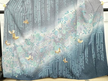 平和屋着物●訪問着　辻が花　駒刺繍　花蝶文　暈し染め　金彩　金通し地　正絹　逸品　AABI2576cs