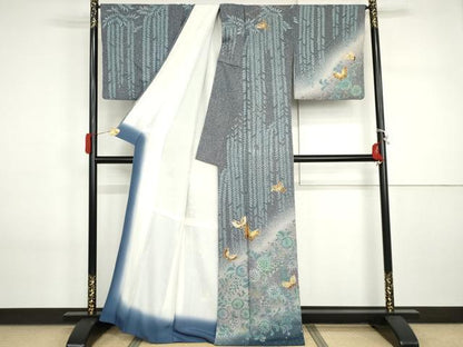 平和屋着物●訪問着　辻が花　駒刺繍　花蝶文　暈し染め　金彩　金通し地　正絹　逸品　AABI2576cs