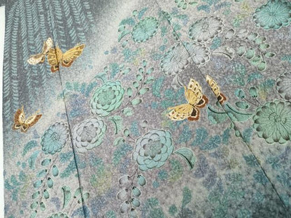 平和屋着物●訪問着　辻が花　駒刺繍　花蝶文　暈し染め　金彩　金通し地　正絹　逸品　AABI2576cs