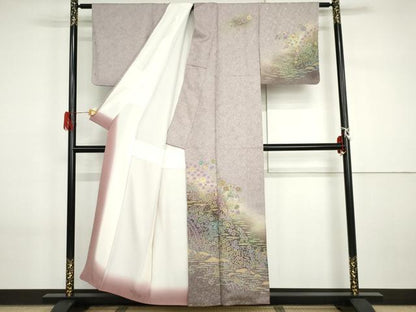 平和屋着物●伝統工芸士　華山　訪問着　草花文　暈し染め　金糸　正絹　逸品　AABI2577cs
