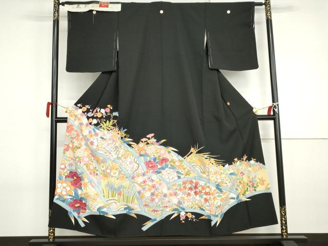平和屋着物●本加賀友禅作家　野崎徳勝　黒留袖　籬草花文　浜ちりめん　反端付き　正絹　逸品　AABI2578cs