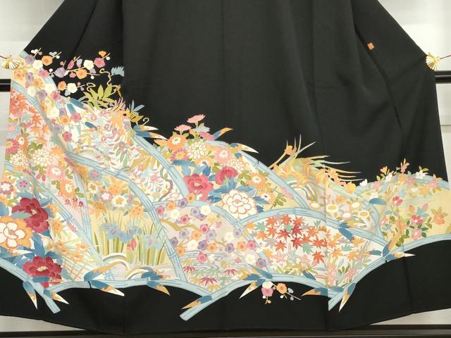 平和屋着物●本加賀友禅作家　野崎徳勝　黒留袖　籬草花文　浜ちりめん　反端付き　正絹　逸品　AABI2578cs