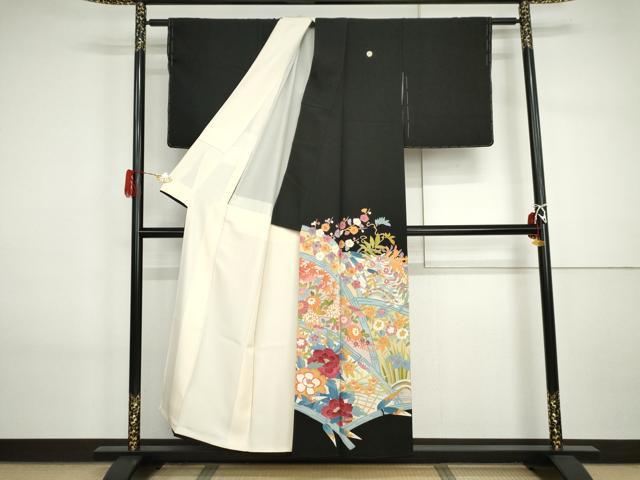 平和屋着物●本加賀友禅作家　野崎徳勝　黒留袖　籬草花文　浜ちりめん　反端付き　正絹　逸品　AABI2578cs