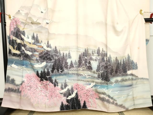 平和屋着物●近代日本画の巨匠 横山大観 じゅらく謹製 振袖 手描き 大観好み 飛鶴京風景文 桜 暈し染め 金彩 正絹 逸品 AABI2579cs