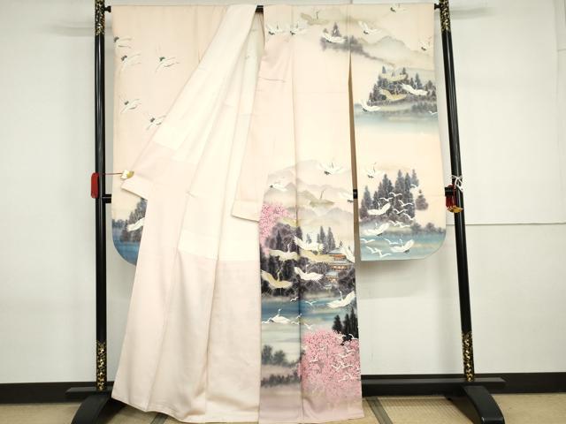 平和屋着物●近代日本画の巨匠 横山大観 じゅらく謹製 振袖 手描き 大観好み 飛鶴京風景文 桜 暈し染め 金彩 正絹 逸品 AABI2579cs
