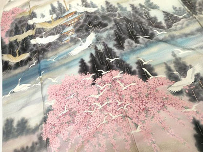 平和屋着物●近代日本画の巨匠 横山大観 じゅらく謹製 振袖 手描き 大観好み 飛鶴京風景文 桜 暈し染め 金彩 正絹 逸品 AABI2579cs