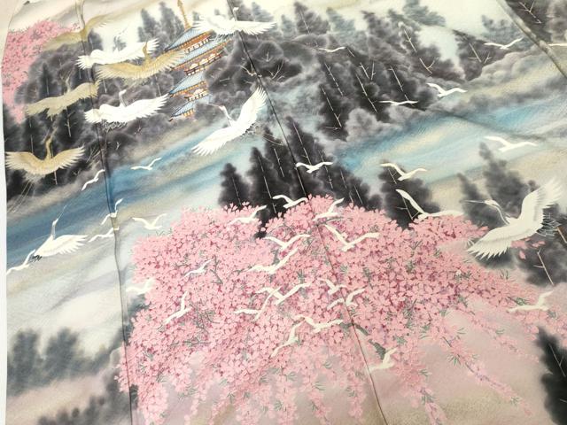 平和屋着物●近代日本画の巨匠 横山大観 じゅらく謹製 振袖 手描き 大観好み 飛鶴京風景文 桜 暈し染め 金彩 正絹 逸品 AABI2579cs