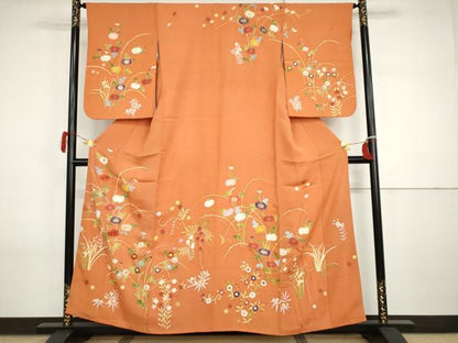 平和屋着物●訪問着　友禅　駒刺繍　枝花文　金糸　金彩　正絹　逸品　AABI2581cs