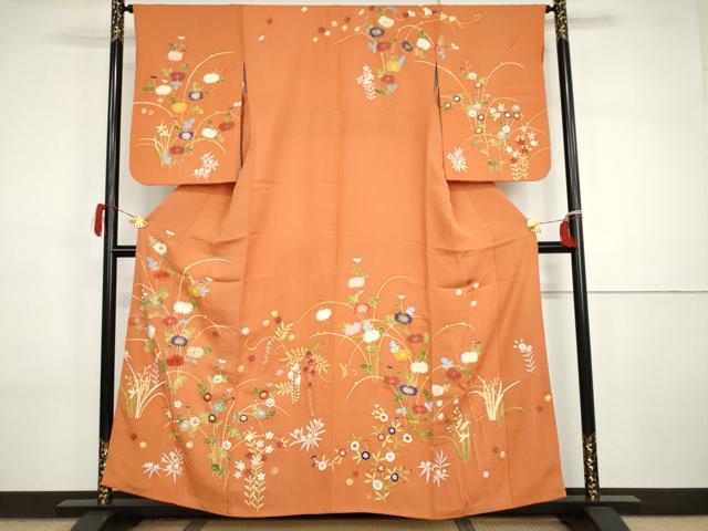 平和屋着物●訪問着　友禅　駒刺繍　枝花文　金糸　金彩　正絹　逸品　AABI2581cs