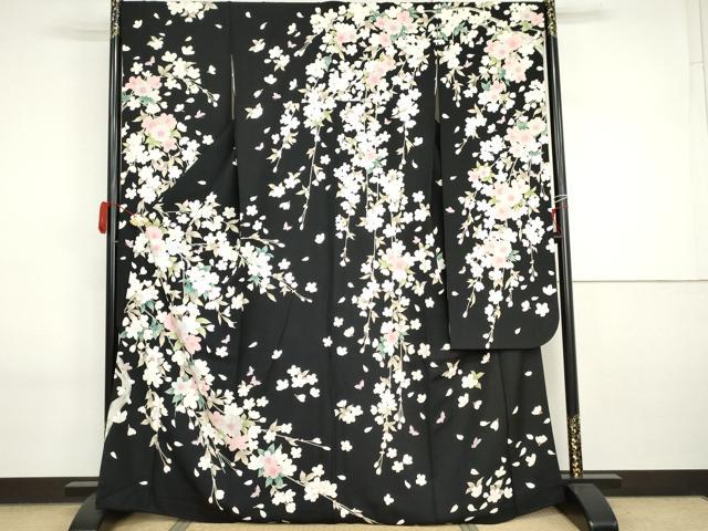 平和屋着物●豪華振袖　夜桜　舞蝶文　黒地　金銀彩　正絹　逸品　AABI2582cs