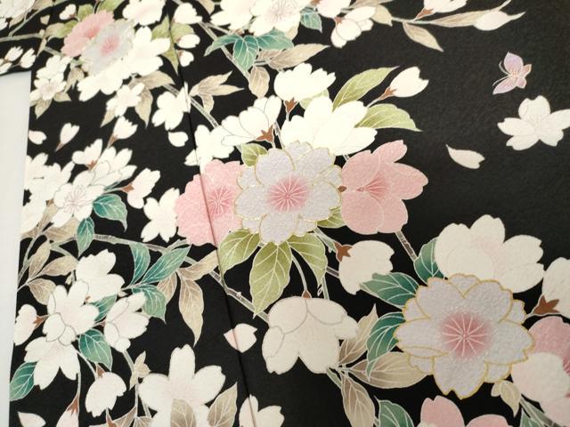 平和屋着物●豪華振袖　夜桜　舞蝶文　黒地　金銀彩　正絹　逸品　AABI2582cs