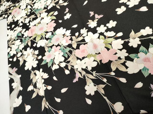 平和屋着物●豪華振袖　夜桜　舞蝶文　黒地　金銀彩　正絹　逸品　AABI2582cs