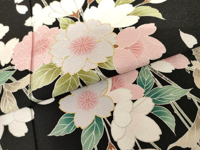 平和屋着物●豪華振袖　夜桜　舞蝶文　黒地　金銀彩　正絹　逸品　AABI2582cs