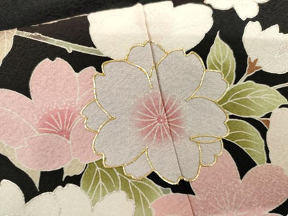 平和屋着物●豪華振袖　夜桜　舞蝶文　黒地　金銀彩　正絹　逸品　AABI2582cs