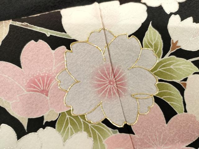 平和屋着物●豪華振袖　夜桜　舞蝶文　黒地　金銀彩　正絹　逸品　AABI2582cs