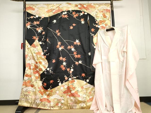 平和屋着物●豪華振袖・長襦袢(無双仕立て)セット　花松文　黒地　金彩　まるやま扱い　正絹　逸品　AABI2584cs