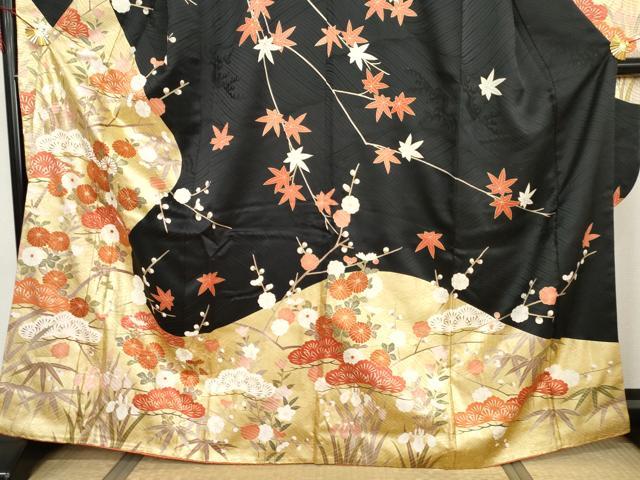 平和屋着物●豪華振袖・長襦袢(無双仕立て)セット　花松文　黒地　金彩　まるやま扱い　正絹　逸品　AABI2584cs
