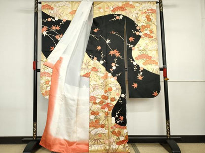 平和屋着物●豪華振袖・長襦袢(無双仕立て)セット　花松文　黒地　金彩　まるやま扱い　正絹　逸品　AABI2584cs