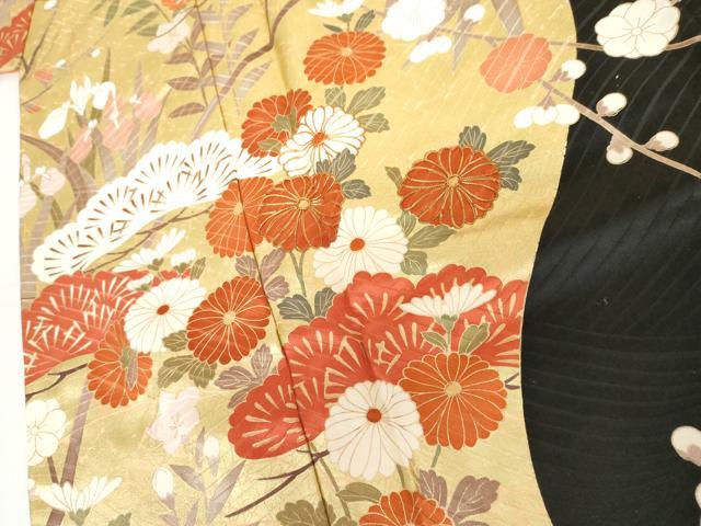 平和屋着物●豪華振袖・長襦袢(無双仕立て)セット　花松文　黒地　金彩　まるやま扱い　正絹　逸品　AABI2584cs
