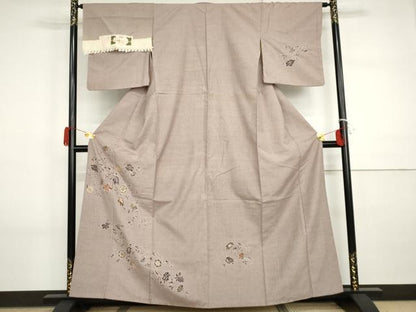 平和屋着物●結城玉紬　訪問着　手描友禅　花鳥唐草文　金糸　証紙付き　正絹　逸品　AABI2586cs