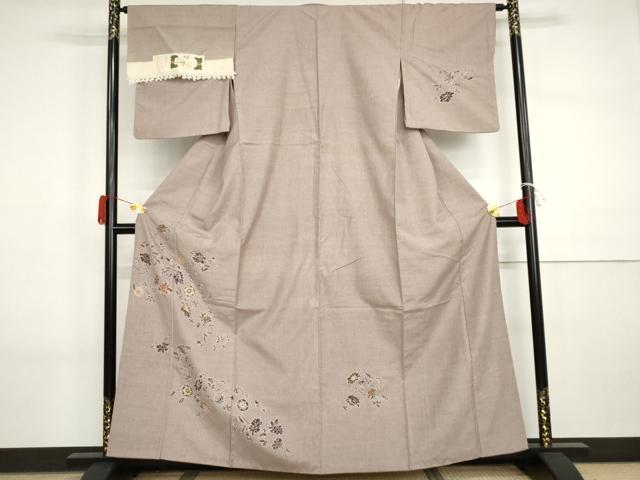 平和屋着物●結城玉紬　訪問着　手描友禅　花鳥唐草文　金糸　証紙付き　正絹　逸品　AABI2586cs