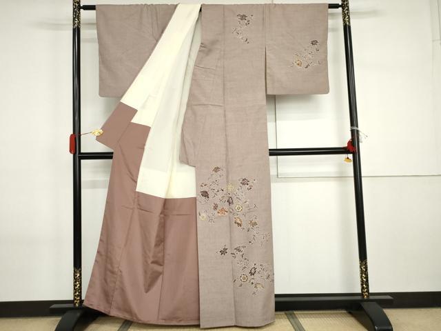 平和屋着物●結城玉紬　訪問着　手描友禅　花鳥唐草文　金糸　証紙付き　正絹　逸品　AABI2586cs